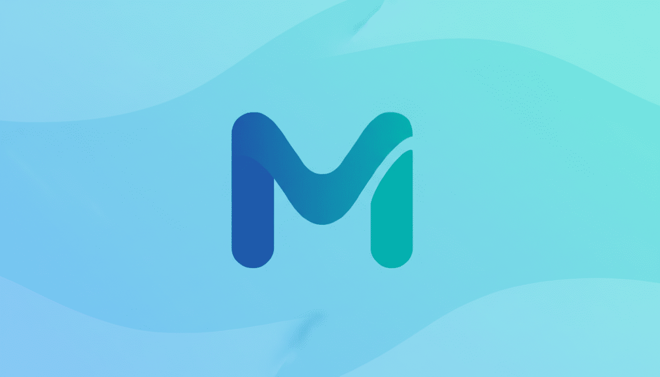 A blue and teal gradient letter M logo on a light blue background with subtle wave patterns.