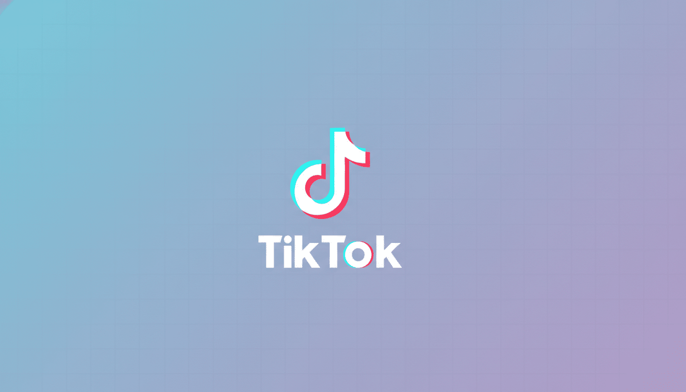 The TikTok logo, featuring a white musical note icon with cyan and red shadows, and the word TikTok in white text below it, centered on a professional flat design background with a soft blue and purple gradient and subtle grid pattern.