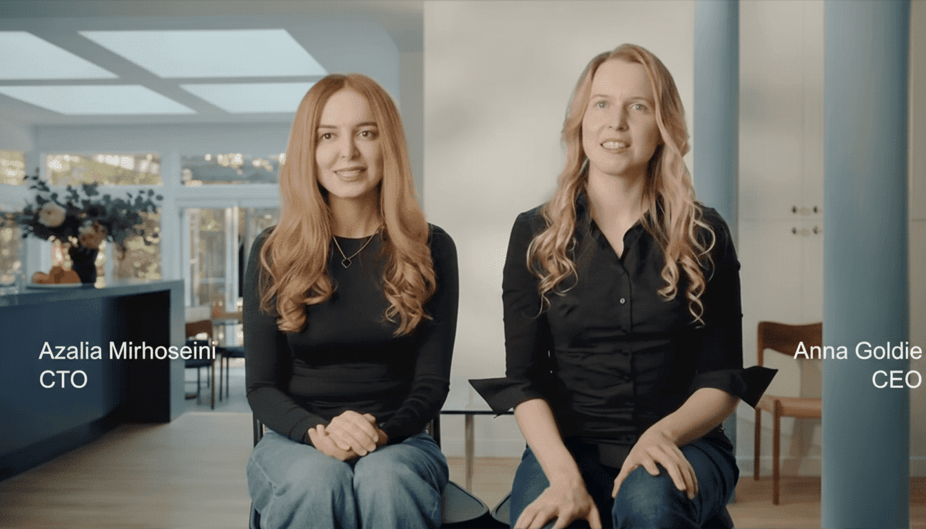 Two women, Azalia Mirhoseini (CTO) and Anna Goldie (CEO), are seated and smiling, with a modern interior background.