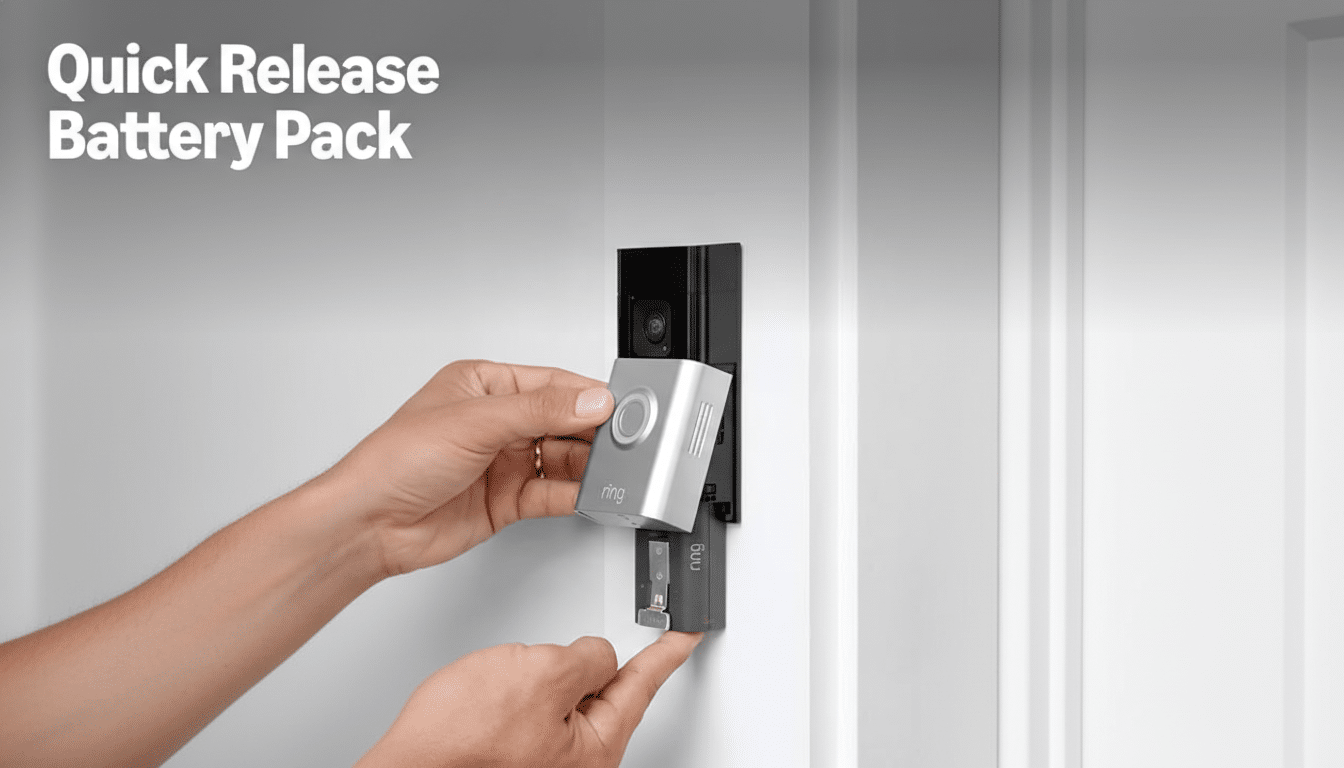 A persons hands inserting a silver Ring doorbell into a black mounting bracket on a white wall, with the text Quick Release Battery Pack in the upper left corner.