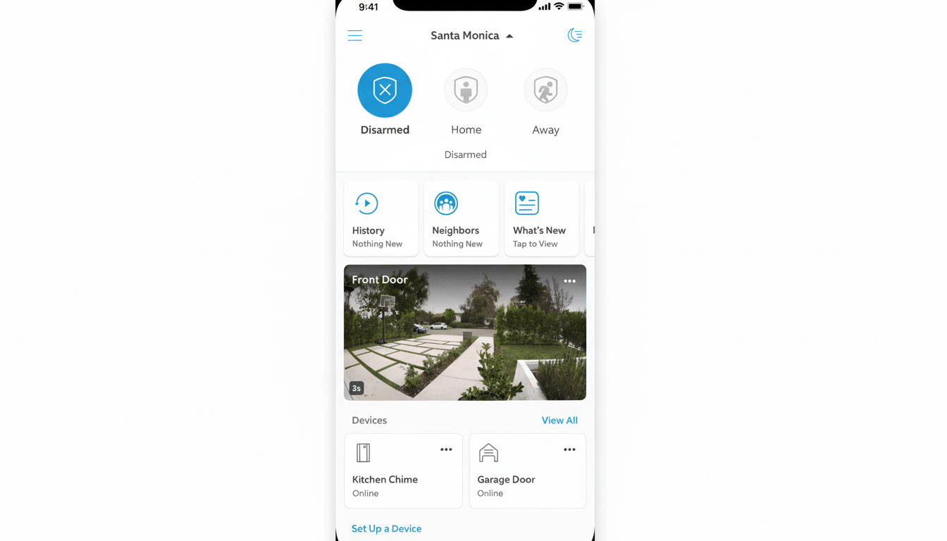 A mobile app interface showing security controls and device statuses, with a live view of a front door area.