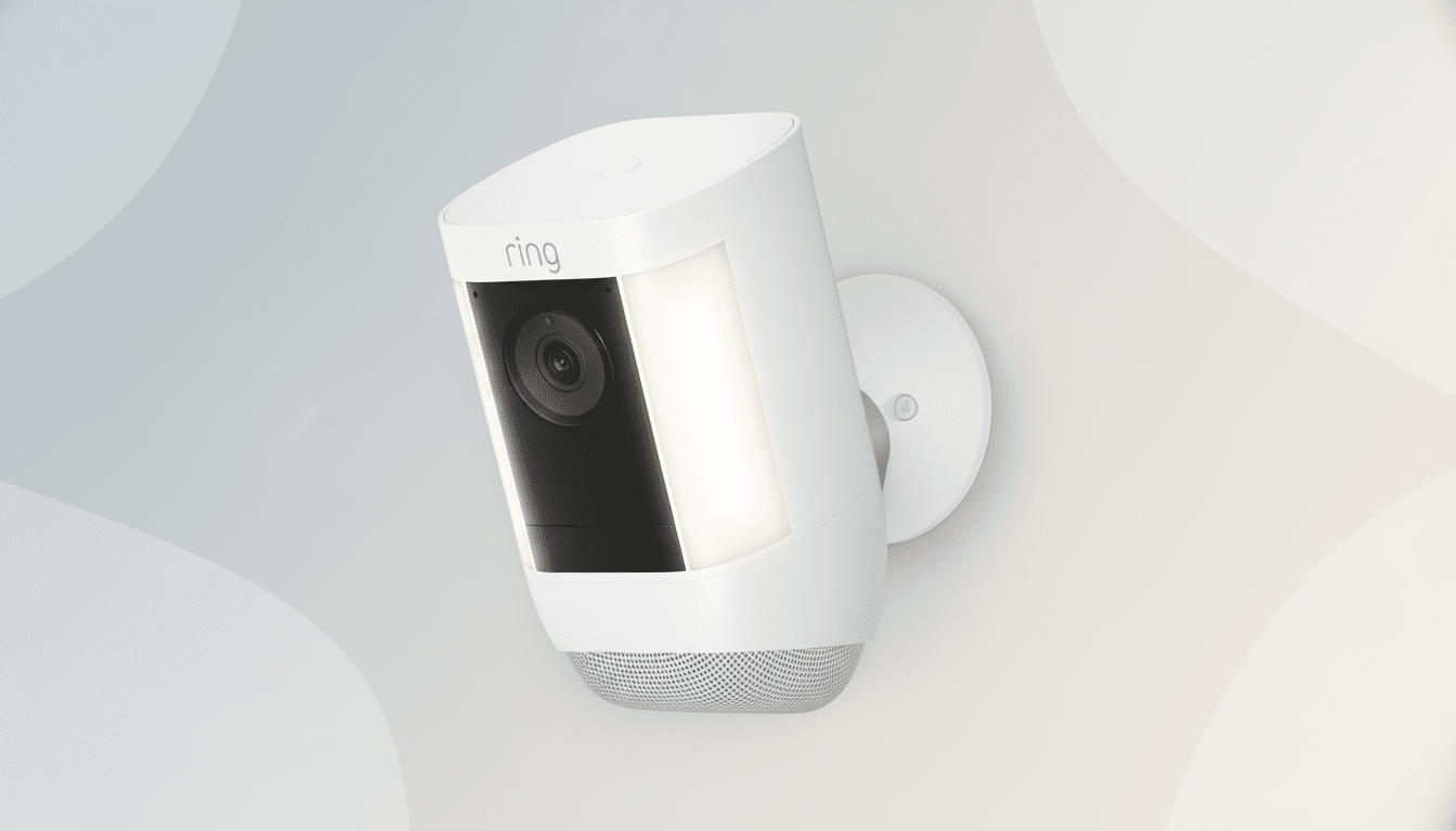 A white Ring security camera with a black lens and illuminated light panels, mounted on a wall, set against a professional flat design background with soft patterns and gradients.
