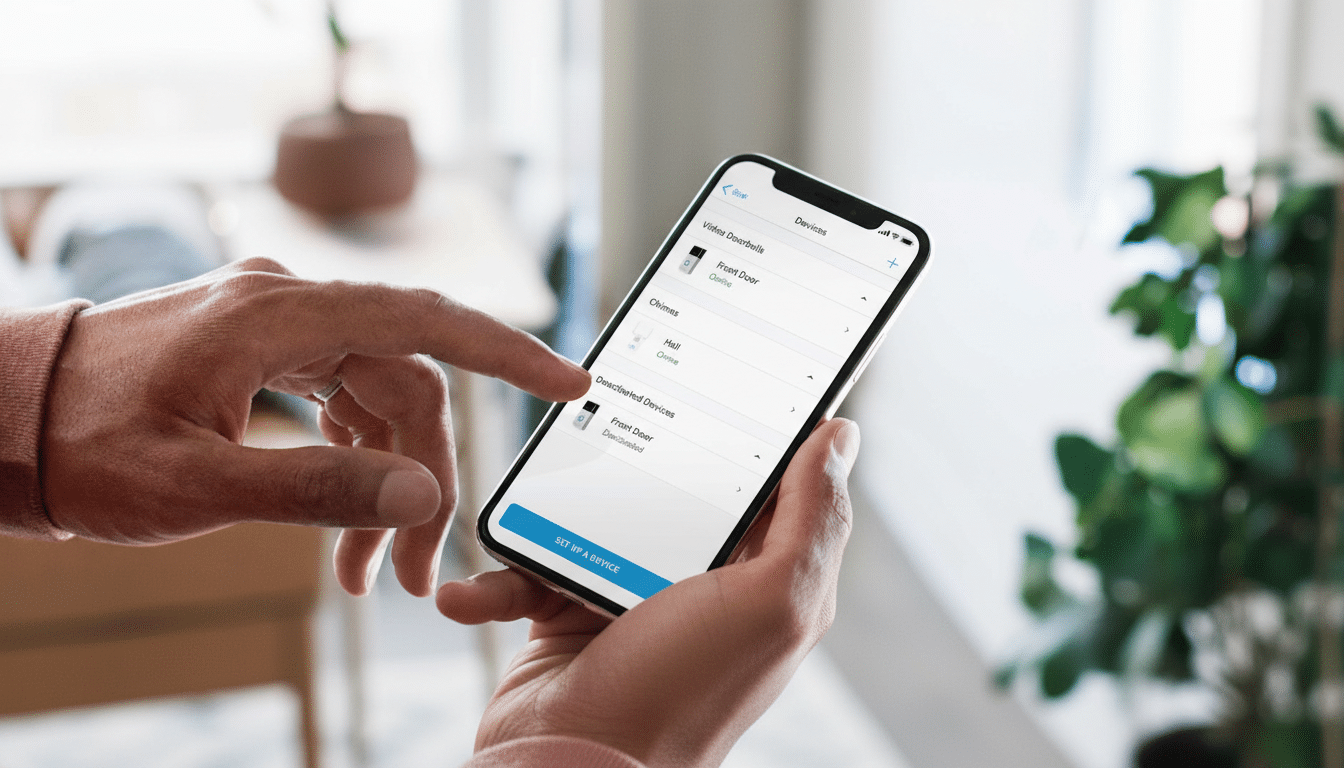 A persons hands holding a smartphone displaying a smart home device management app, with a blurred indoor background.