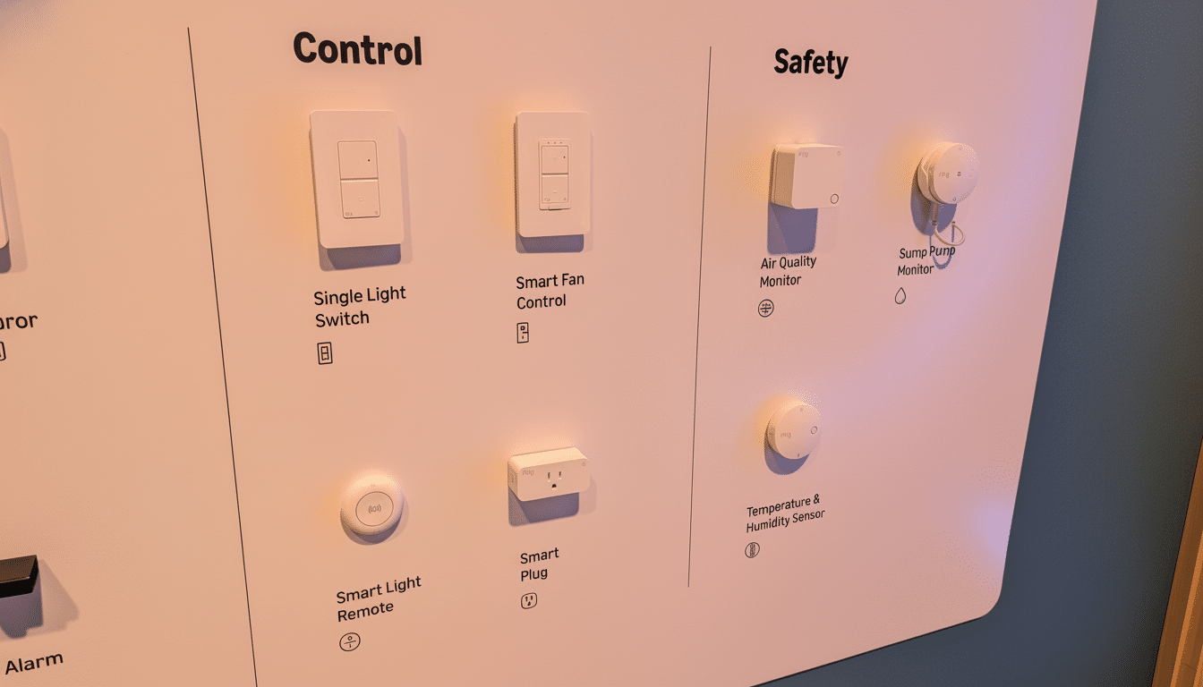 A white display board showcasing various smart home devices under Control and Safety categories.
