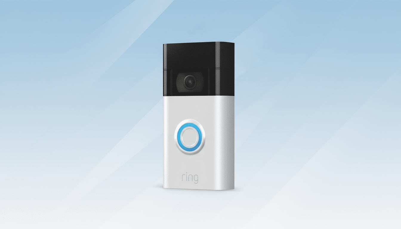 A Ring video doorbell in silver and black, with a blue illuminated button, set against a professional light blue gradient background with subtle diagonal patterns.
