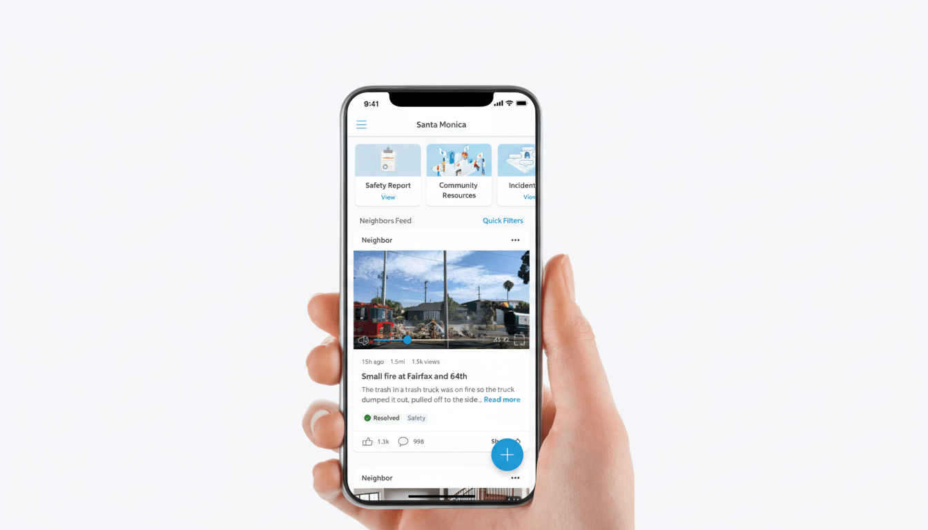 A hand holding a smartphone displaying a Neighbors Feed app with a video of a small fire and various community features.
