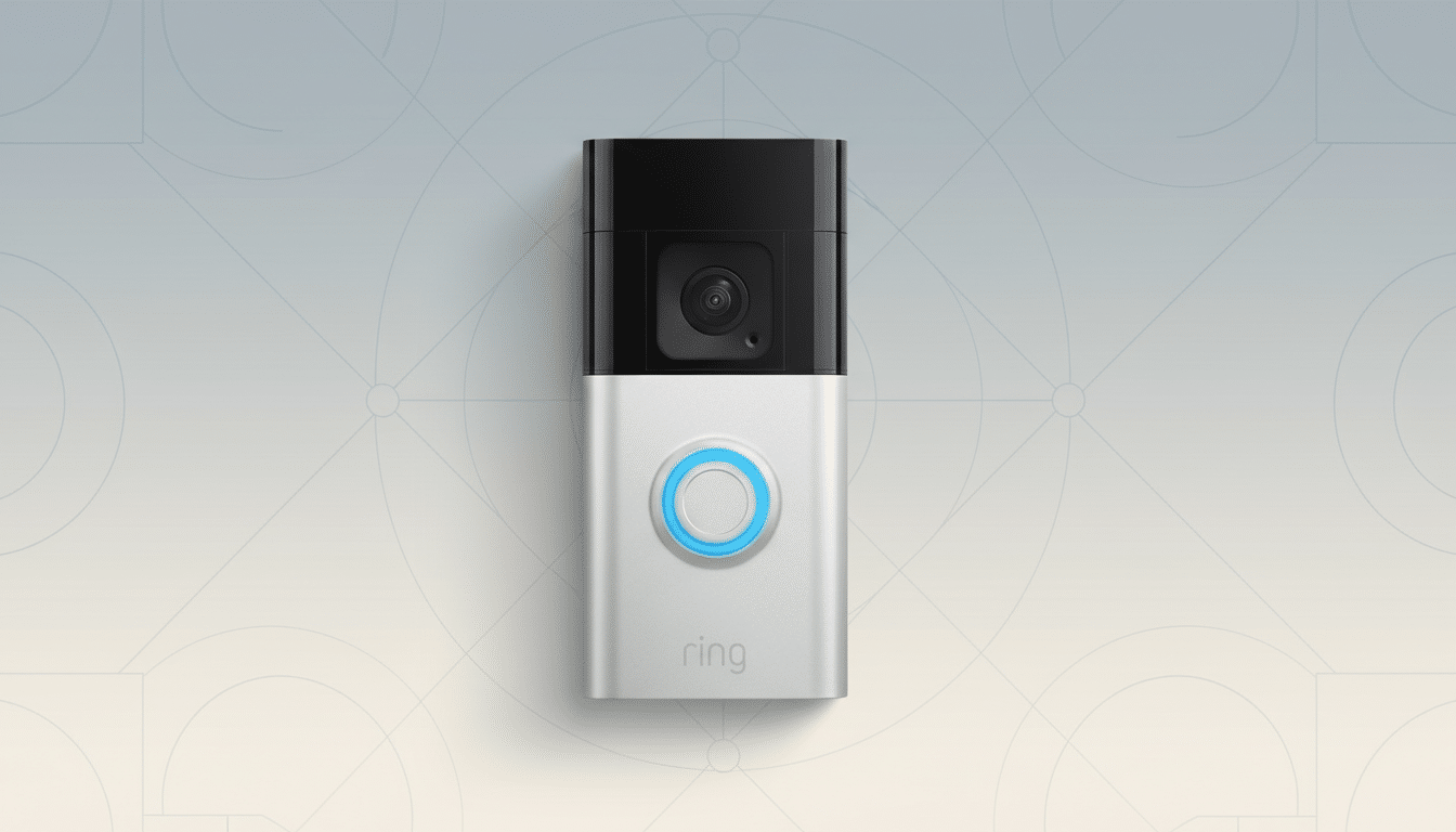 A Ring video doorbell with a black top section containing the camera and a silver bottom section with a glowing blue button and the ring logo, set against a professional flat design background with soft patterns and gradients.