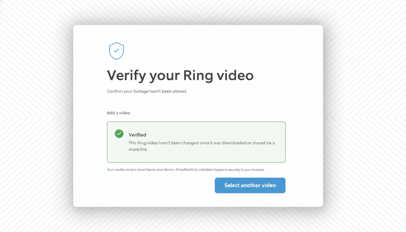 A screenshot of the Ring video verification screen, showing a Verified message indicating the video has not been altered. The screen is centered on a professional flat design background with soft patterns.