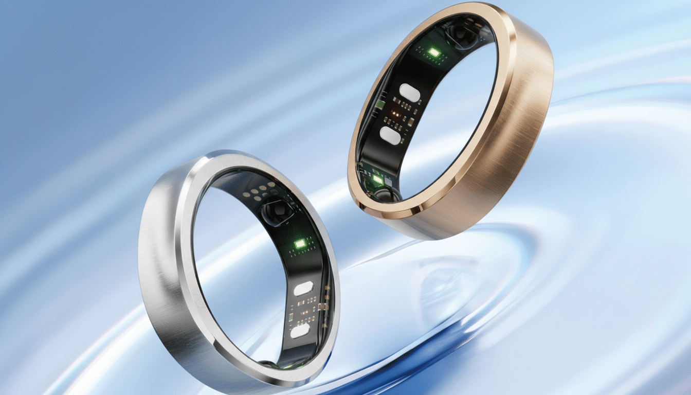 Two smart rings, one silver and one gold, are shown against a light blue background with subtle, swirling patterns. The rings are open, revealing internal sensors and circuitry with small green and red lights.