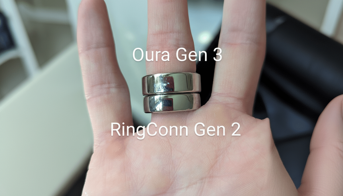 A hand wearing two silver smart rings, one labeled Oura Gen 3 and the other RingConn Gen 2, resized to a 16:9 aspect ratio.