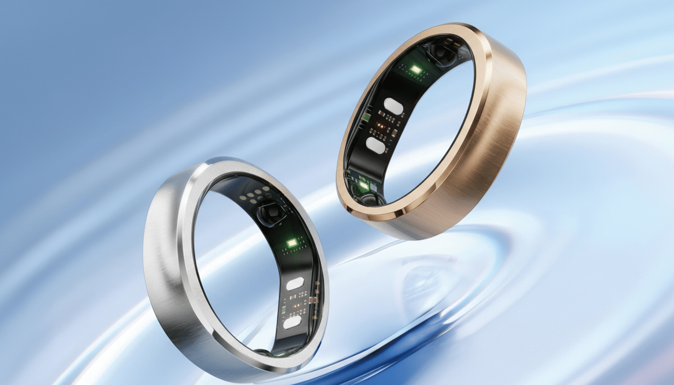 Two smart rings, one silver and one gold, are displayed against a light blue background with subtle, swirling patterns.