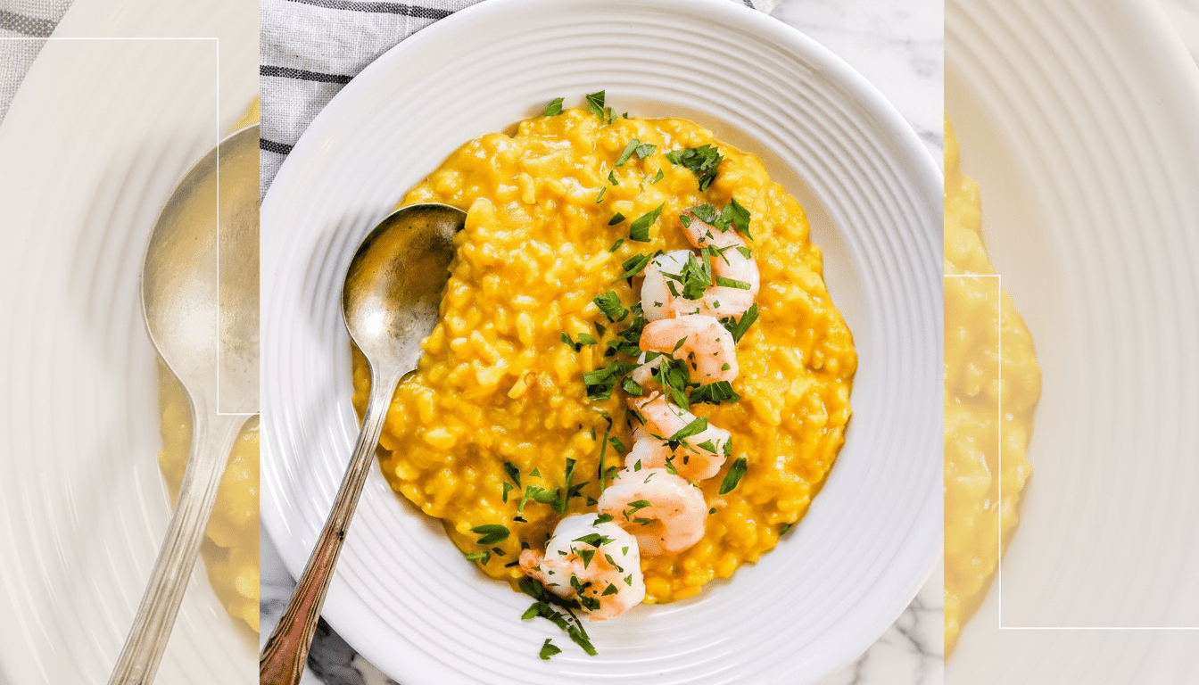 A professionally enhanced image of a plate of yellow risotto topped with shrimp and parsley, presented in a 16:9 aspect ratio with a subtle, soft gradient background.