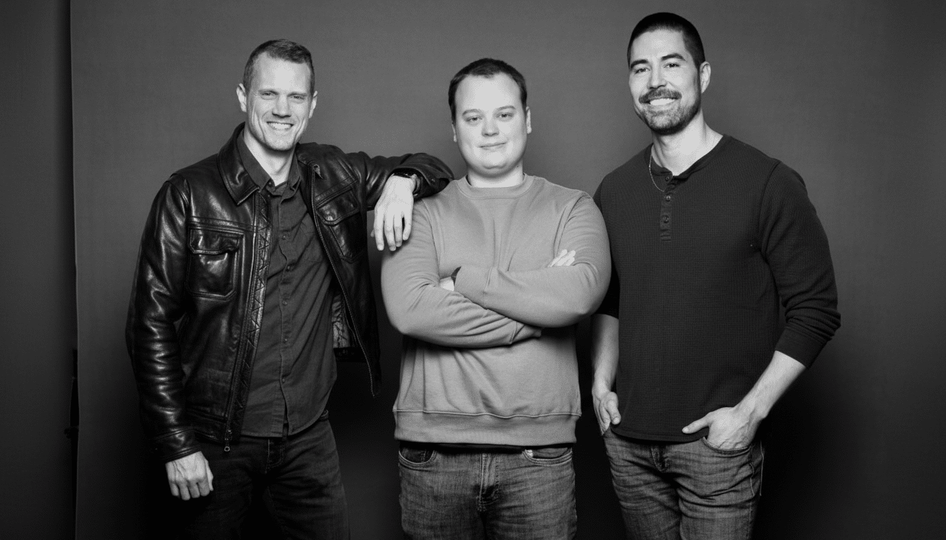 A black and white image of three men smiling, resized to a 16:9 aspect ratio.