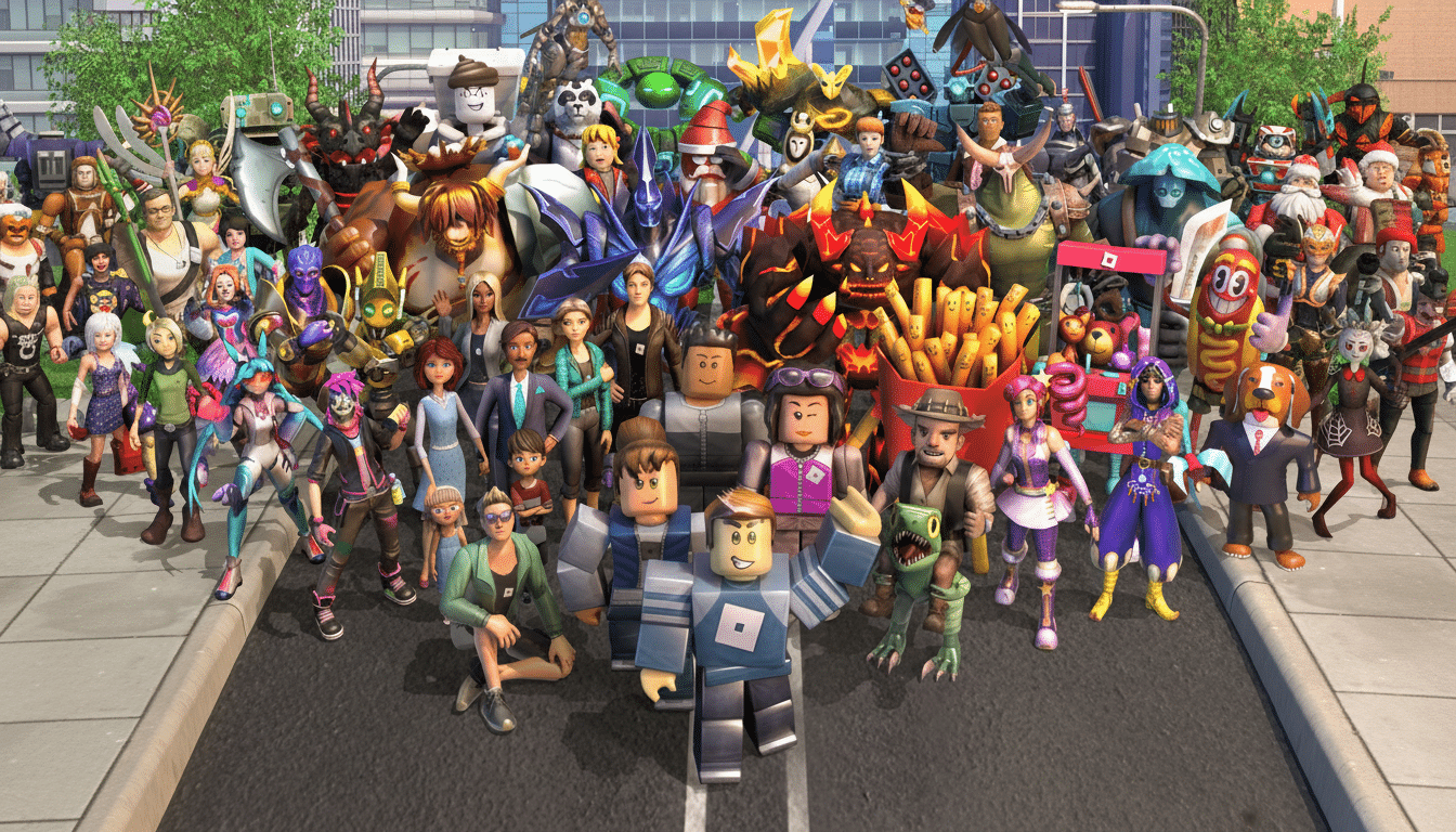 A large group of diverse Roblox characters, including human-like avatars and various creatures, are gathered on a street with buildings and trees in the background.