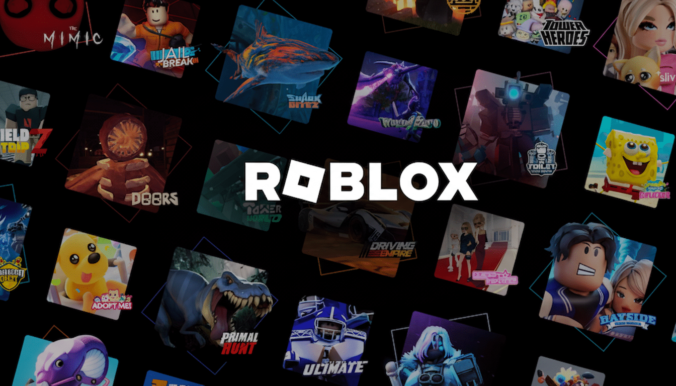 The Roblox logo is centered on a black background, surrounded by various game tiles from the platform.