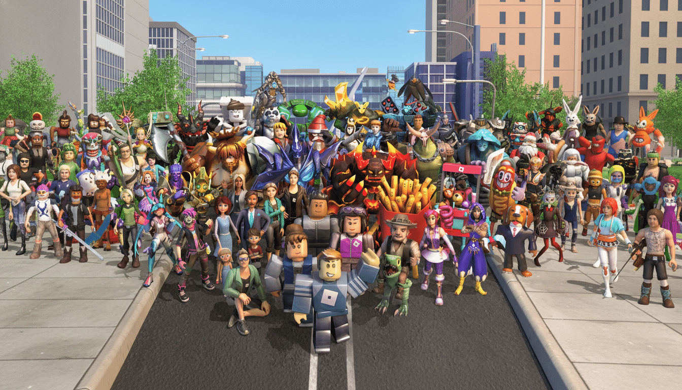 A large group of diverse Roblox characters, including blocky avatars and more detailed figures, are gathered on a street with buildings and trees in the background.