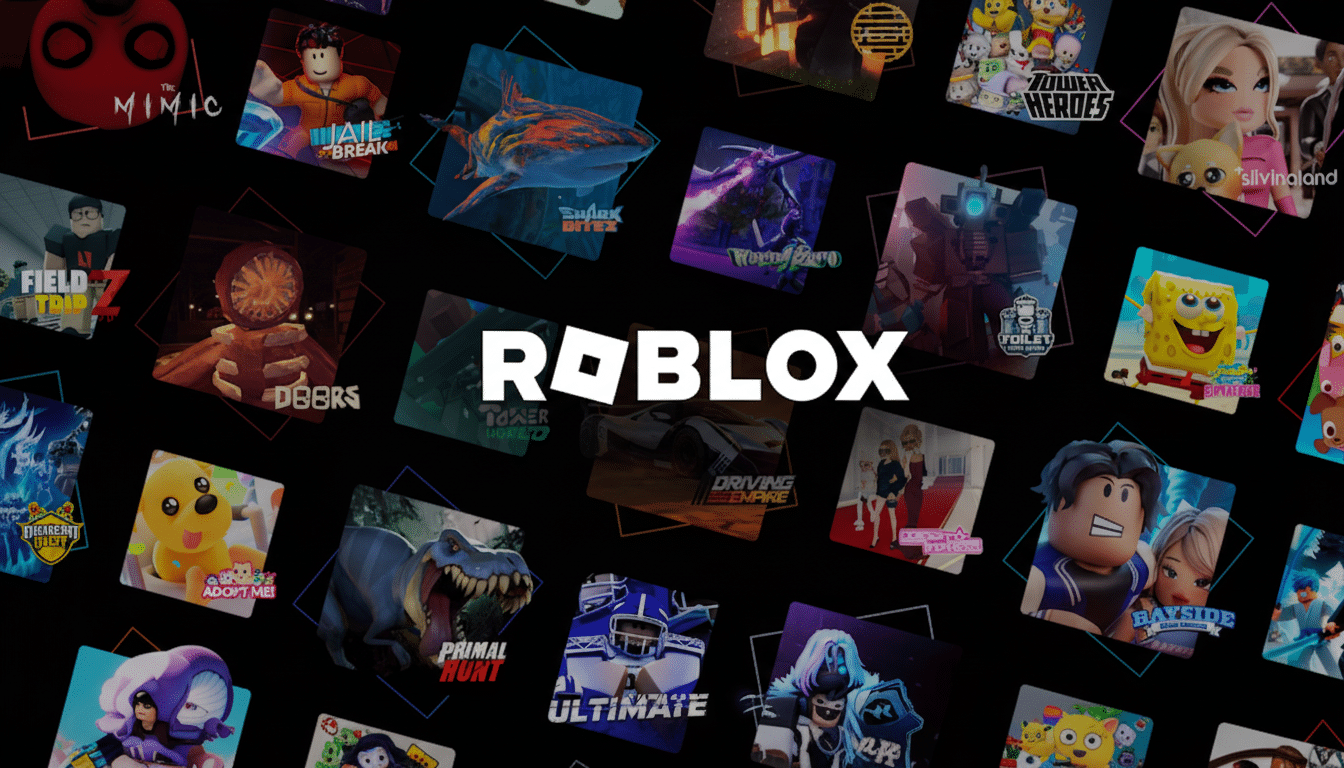 The Roblox logo is centered on a black background, surrounded by various game tiles from the platform, all resized to a 16:9 aspect ratio.