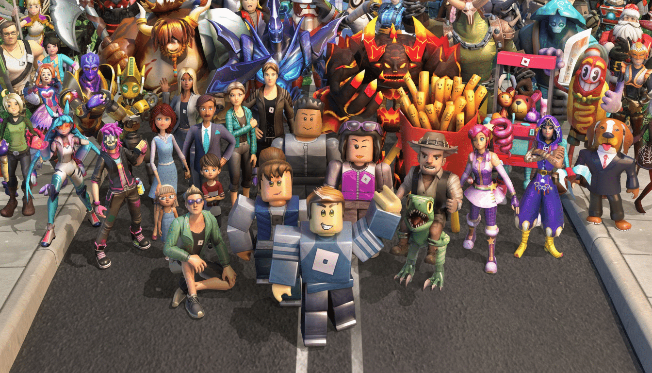 A large group of diverse Roblox avatars, both blocky and realistic, standing and posing on a paved road with a crowd of other characters in the background.