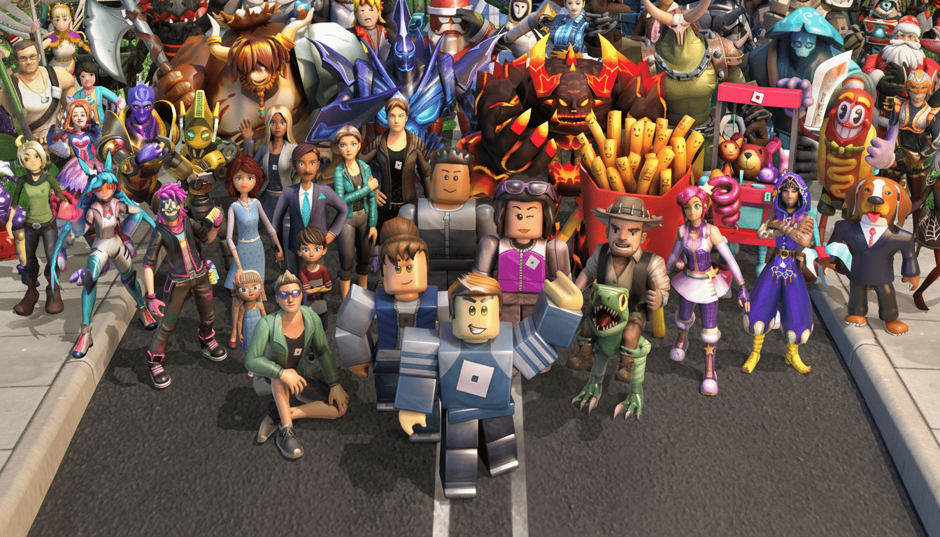 A large group of diverse Roblox characters, including blocky avatars and more detailed figures, standing on a paved road with a crowd of other characters in the background.