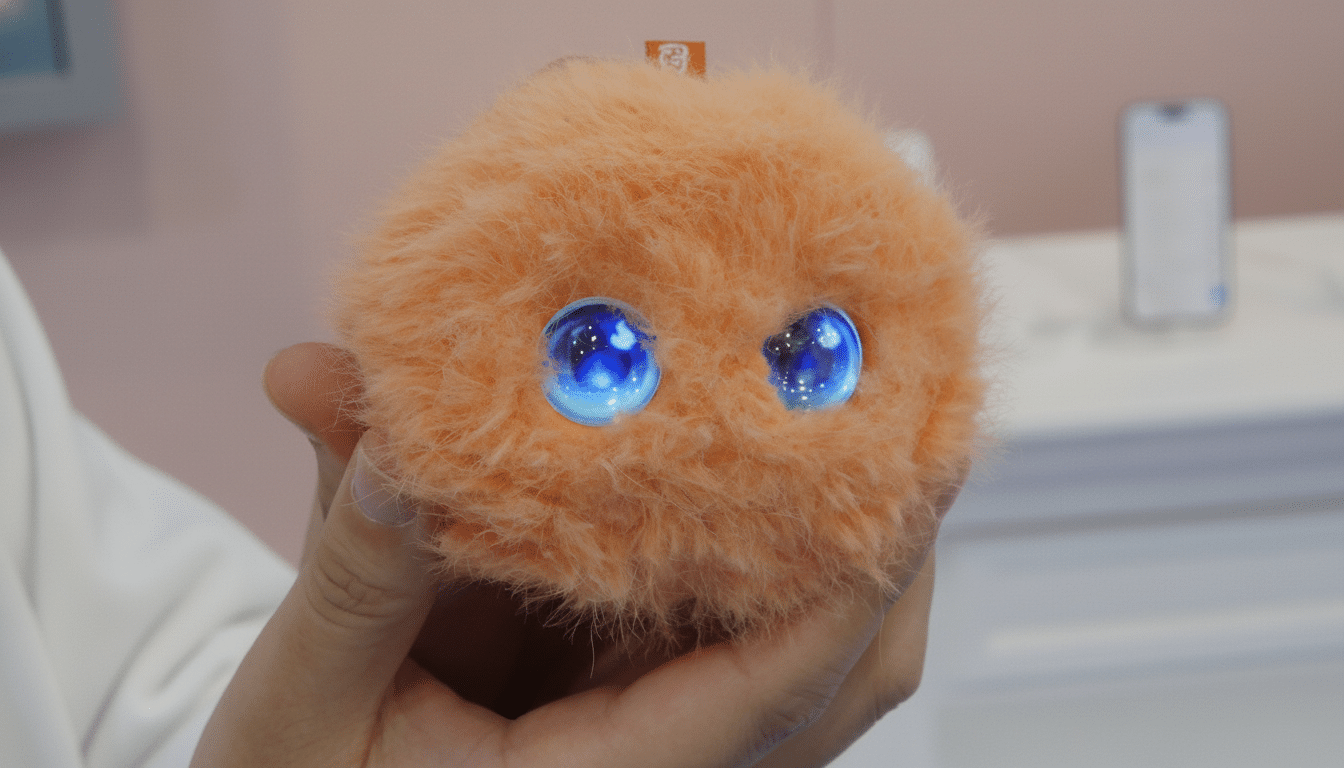 A persons hand holding a small, fluffy, orange robot with large, glowing blue eyes, resized to a 16:9 aspect ratio.