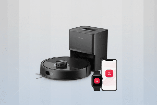 A black robot vacuum cleaner, its charging dock, a smartphone, and a smartwatch, all displaying a red Z logo, set against a professional flat design background with soft gray and white vertical stripes.