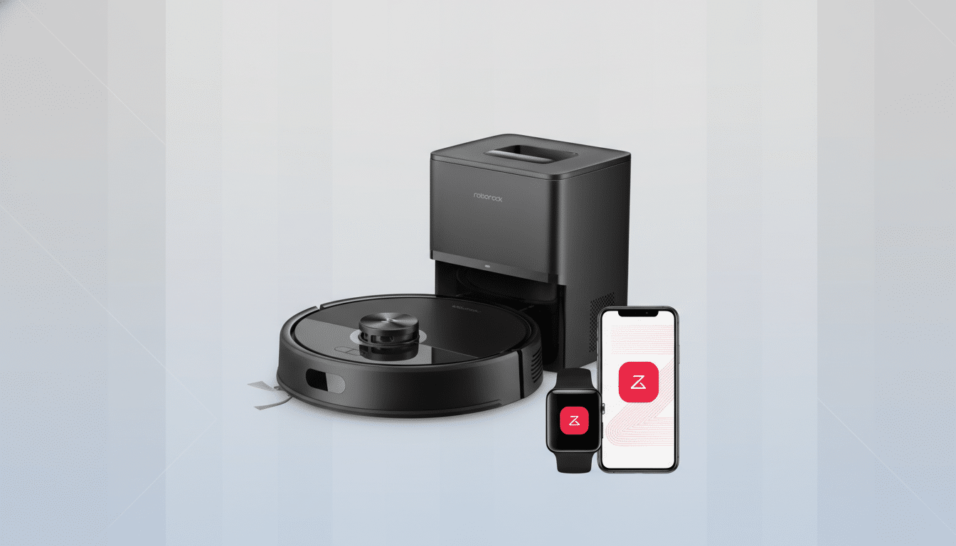 A black robot vacuum cleaner, its charging dock, a smartphone, and a smartwatch, all displaying a red Z logo, set against a professional flat design background with soft gray and white vertical stripes.