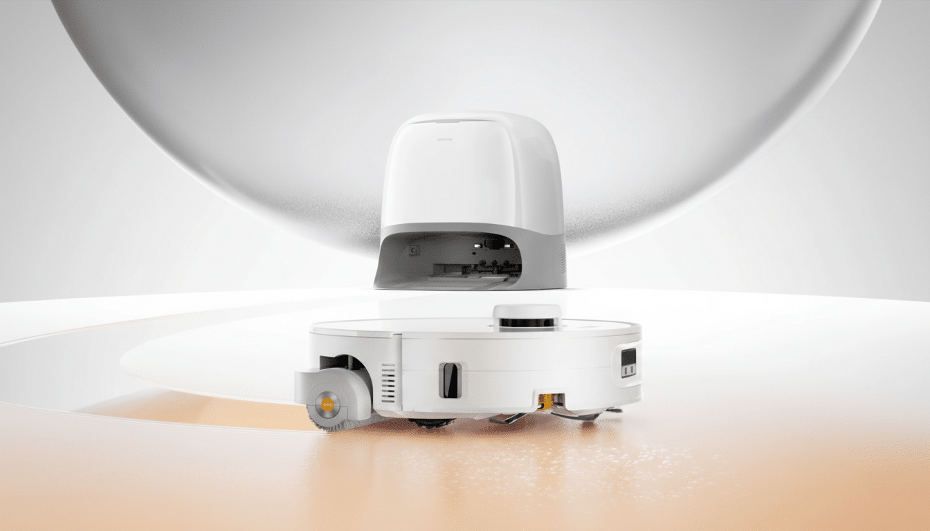 A white robotic vacuum cleaner and its charging station are presented on a clean, professional background with soft white and orange gradients.