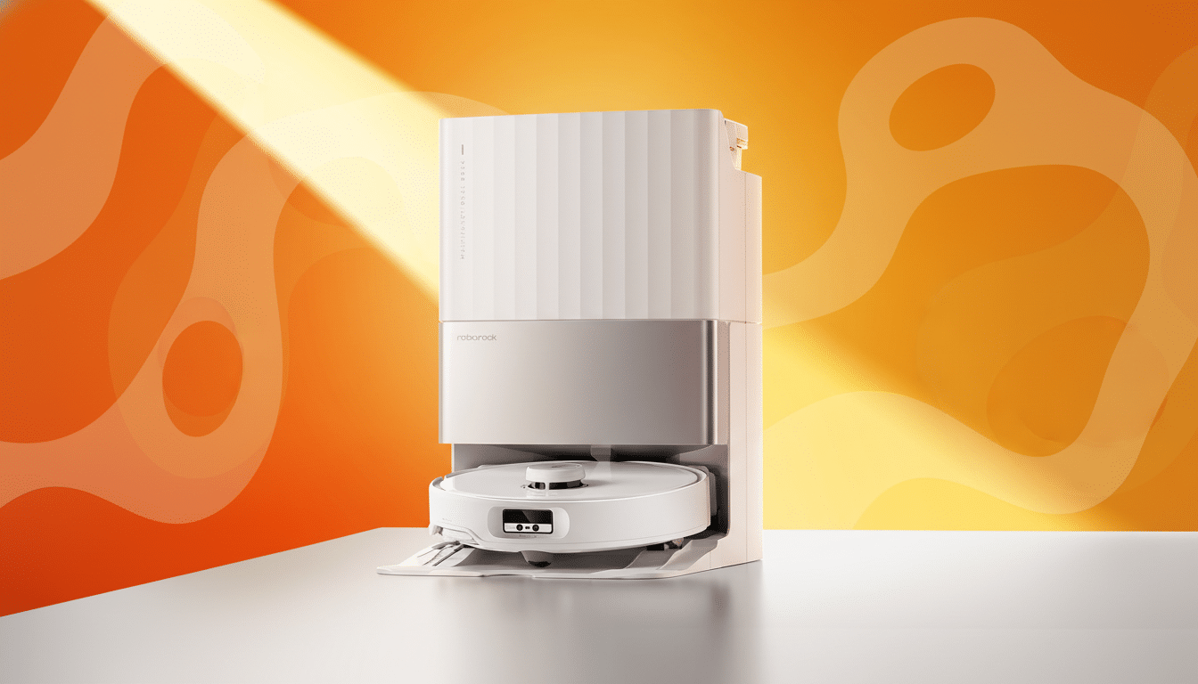 A white Roborock robot vacuum and its docking station are presented against a warm orange and yellow background with subtle, flowing wave patterns.