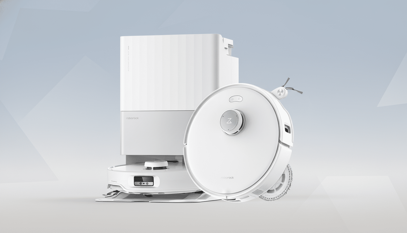 A white Roborock robot vacuum and its charging dock are presented against a professional flat design background with soft patterns and gradients.