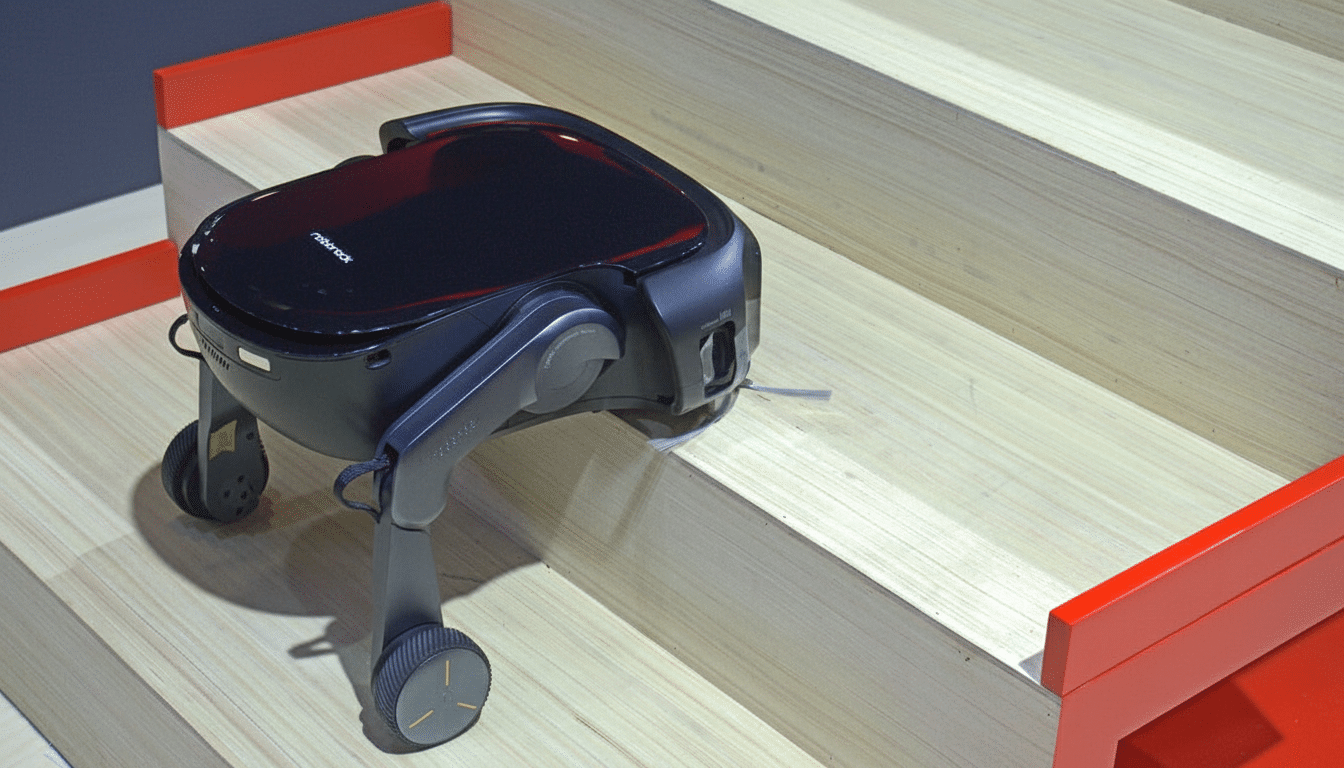 A black Roborock robot vacuum cleaner with extendable legs is positioned on a wooden staircase with red accents.