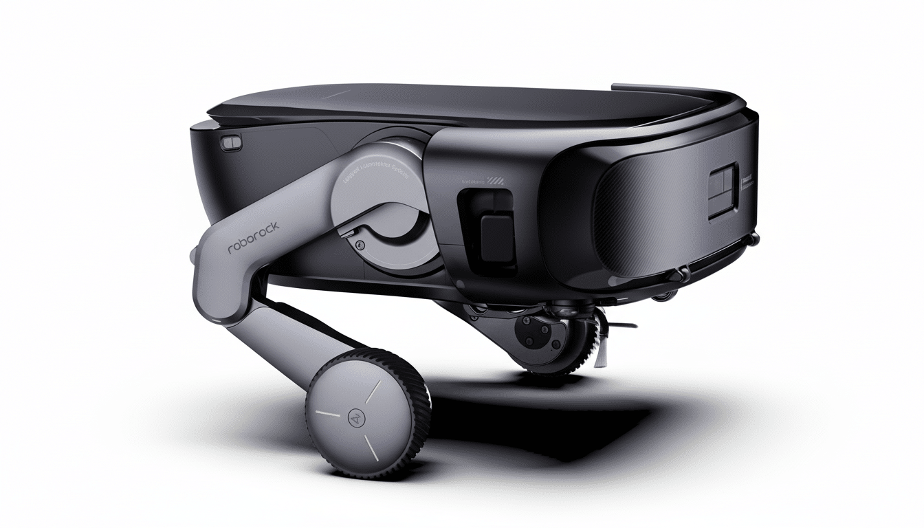 A sleek, dark grey robotic device with wheels and articulated limbs, featuring the roborock logo, presented on a clean white background.