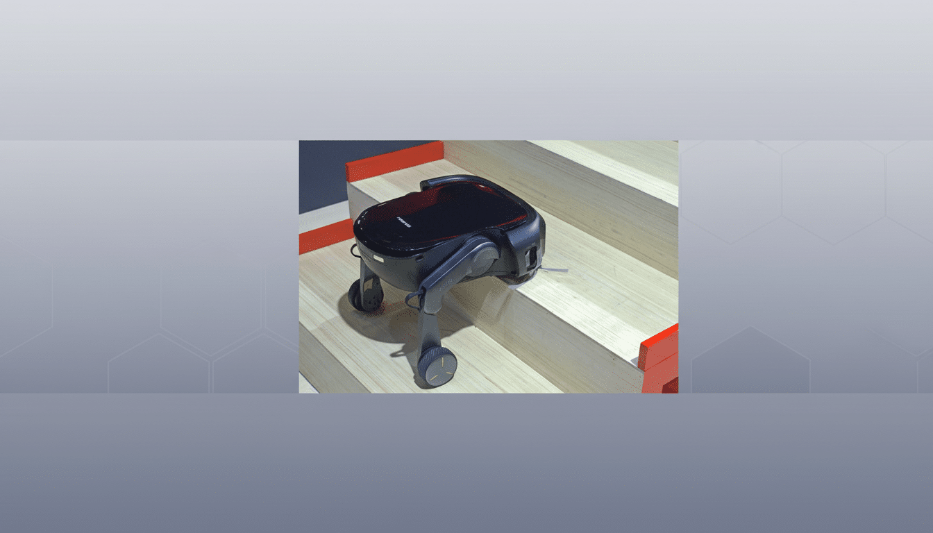 A black Roborock robot vacuum cleaner with four wheels and a sleek design is positioned on a light wooden staircase with red accents, set against a professional gray background with subtle hexagonal patterns.