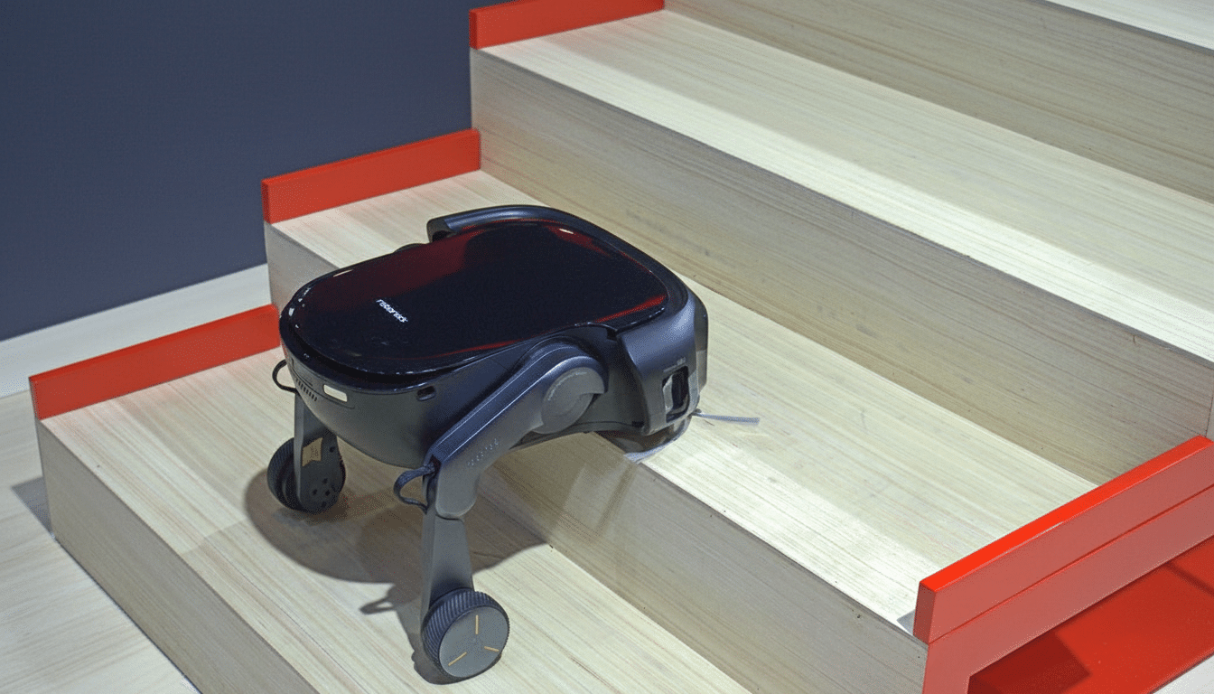 A black Roborock vacuum cleaner robot with extendable legs and wheels is positioned on a light wooden staircase with red accents.