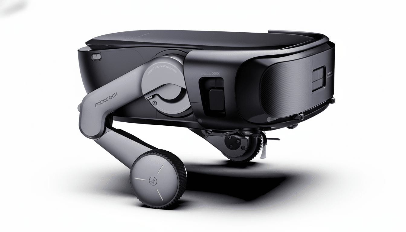 A sleek, dark grey Roborock robot with a unique wheel-leg design, presented on a clean white background.