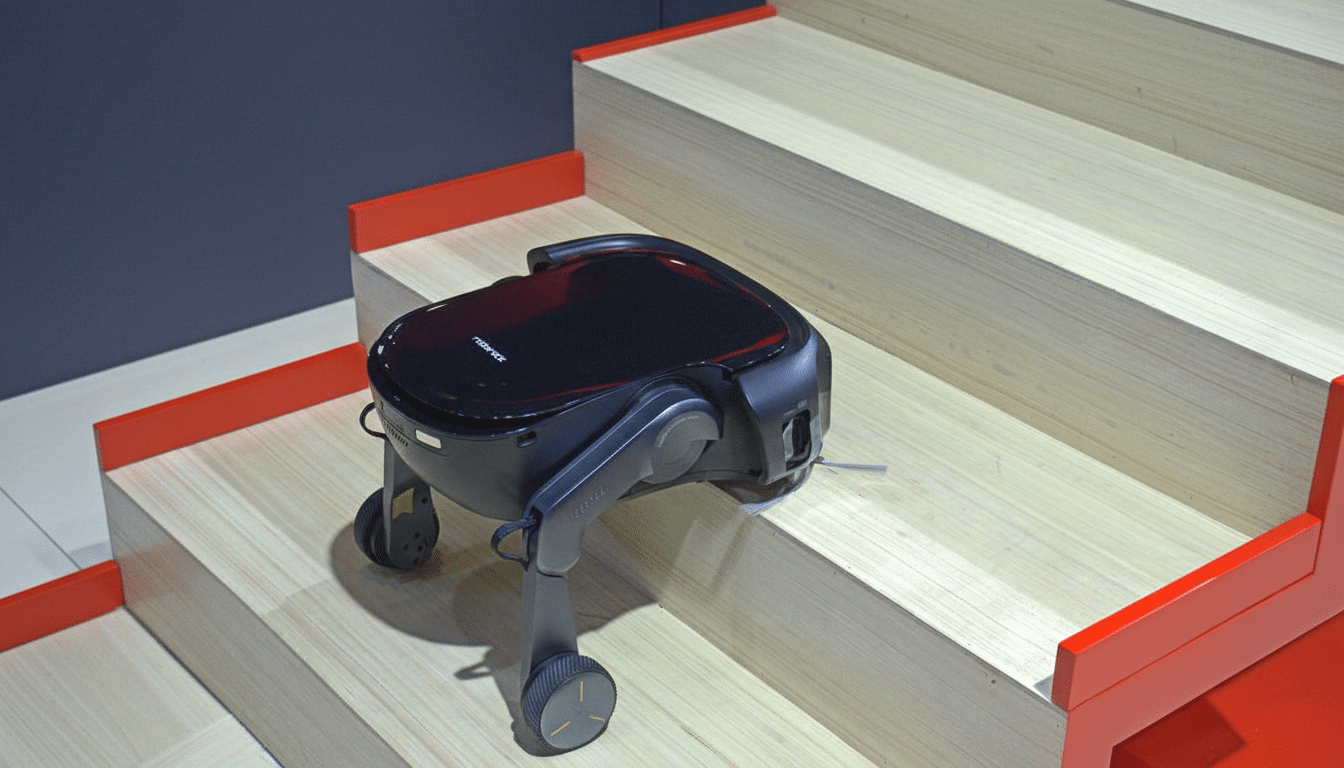 A black robotic vacuum cleaner with extendable legs and wheels is positioned on a light wooden staircase with red accents.