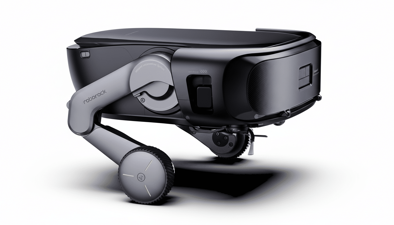 A sleek, dark grey Roborock robot vacuum cleaner with a unique wheel-leg design, presented on a clean white background with a subtle shadow, resized to a 16:9 aspect ratio.