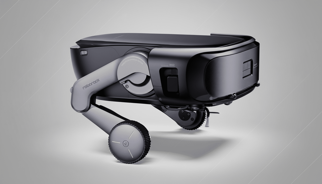 A sleek, dark gray and black robotic vacuum cleaner with articulated legs and wheels, set against a professional light gray background with subtle diagonal line patterns.