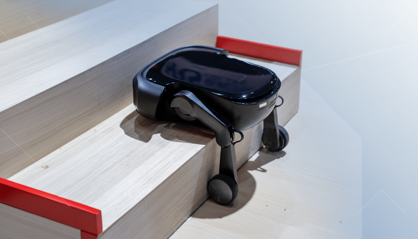 A black robotic device with wheels, possibly a robot vacuum or cleaner, is positioned on a light wooden surface with red accents, resized to a 16:9 aspect ratio with a professional, clean background.