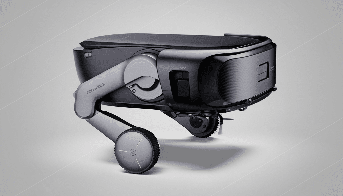 A sleek, dark gray and black robotic device with articulated legs and wheels, featuring the roborock logo, presented on a professional light gray gradient background.