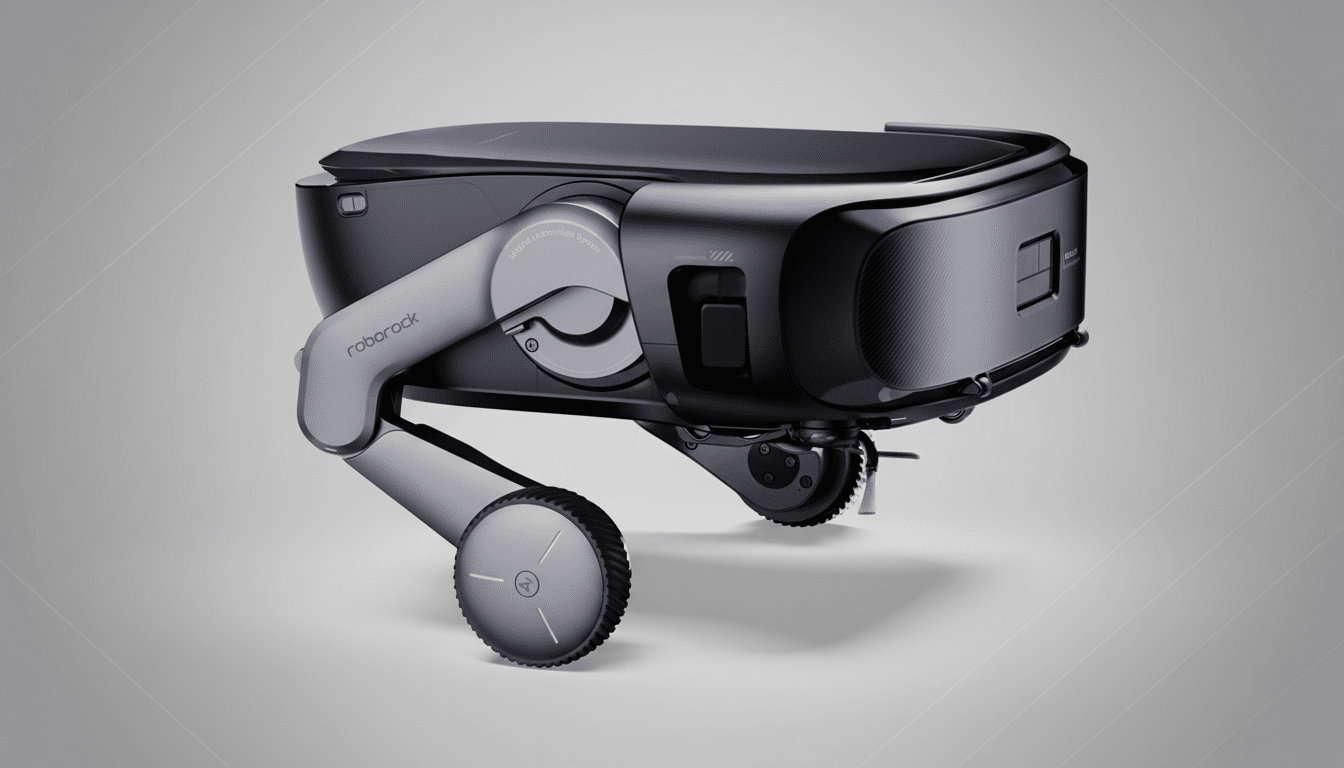 A sleek, dark gray and black robotic device with articulated legs and wheels, featuring the roborock logo, presented on a professional light gray background with subtle geometric patterns.