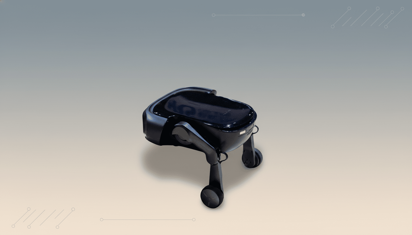 A black robotic device with wheels, resembling a small, futuristic vacuum cleaner, is centered on a professional flat design background with a soft gradient from light gray to light beige, featuring subtle geometric patterns in the corners.