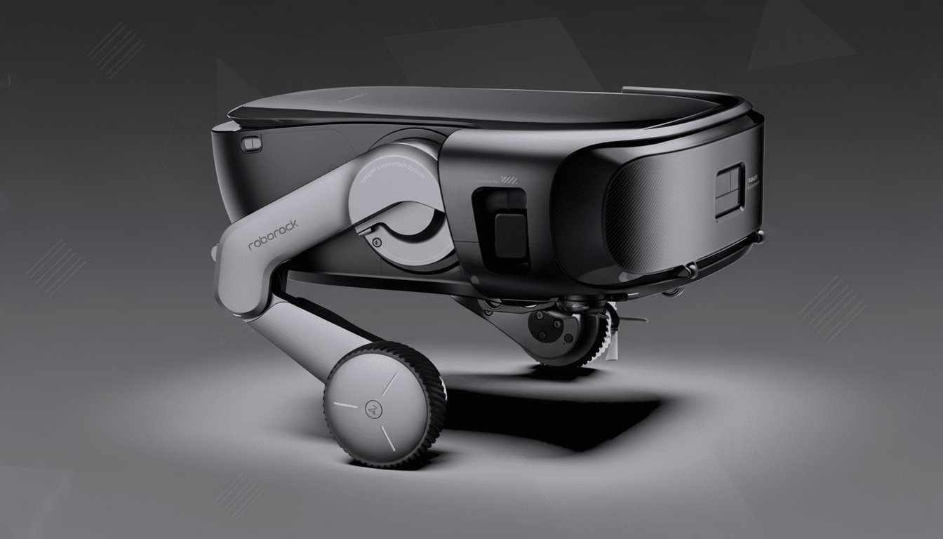 A sleek, dark gray and black robotic device with articulated legs and wheels, featuring the roborock logo, presented on a professional gray background with subtle geometric patterns.