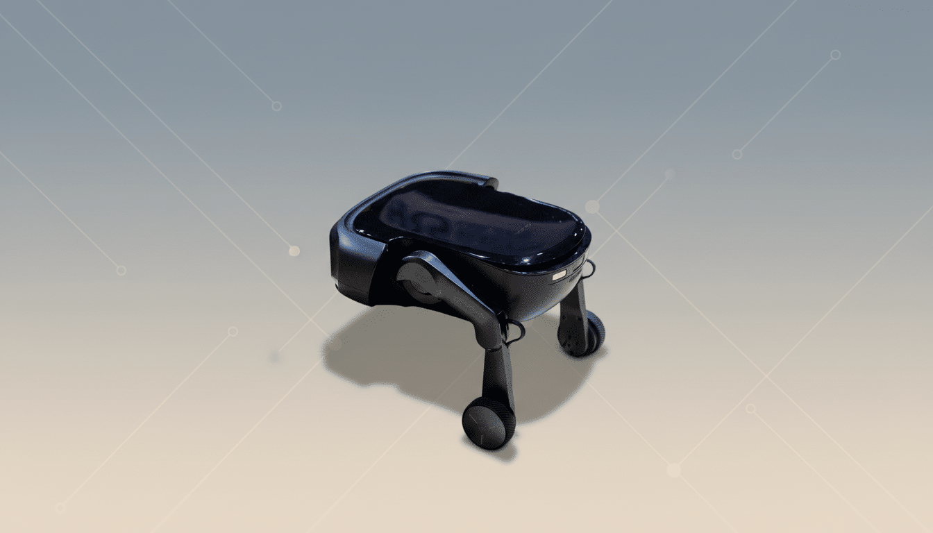 A black robotic device with wheels, resembling a small, sleek vehicle, is presented on a professional flat design background with soft gradients and subtle geometric patterns.