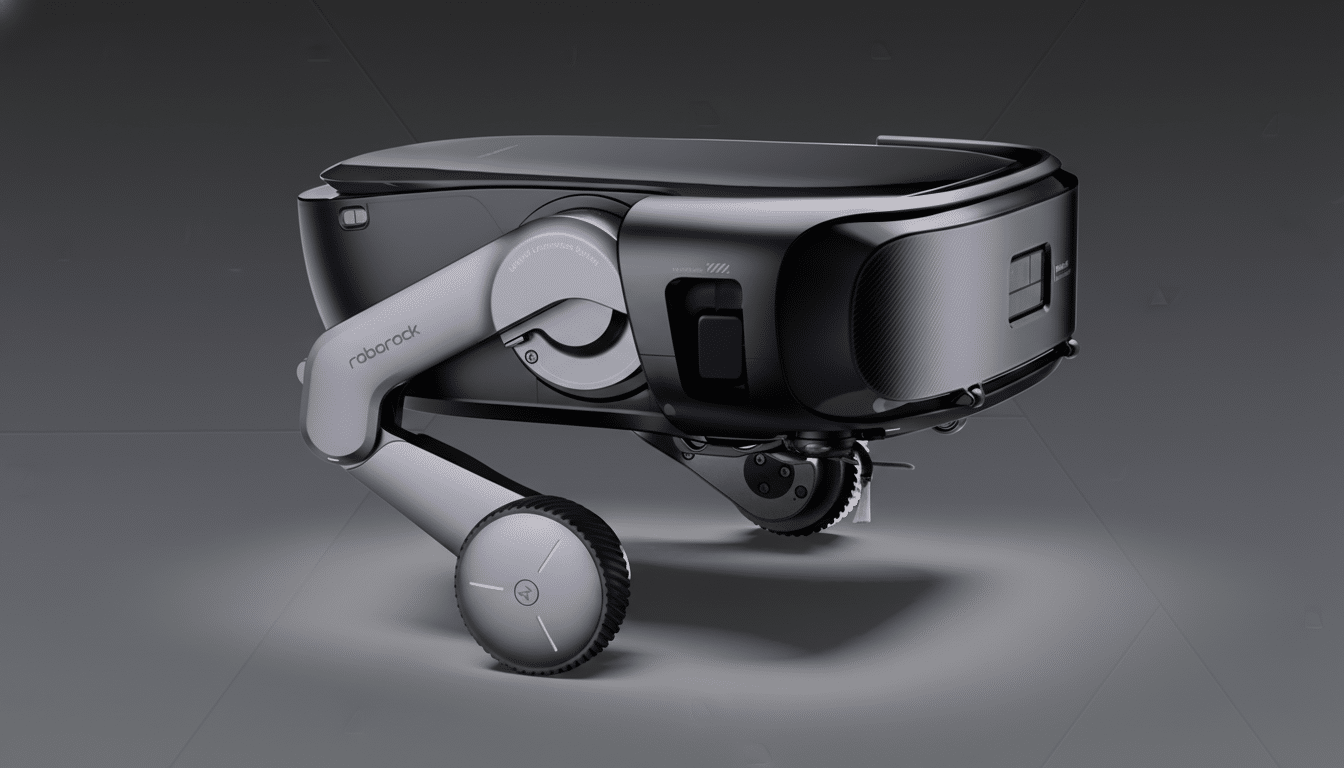 A sleek, dark gray robotic device with articulated legs and wheels, featuring the roborock logo, presented against a professional flat gray background with subtle geometric patterns.