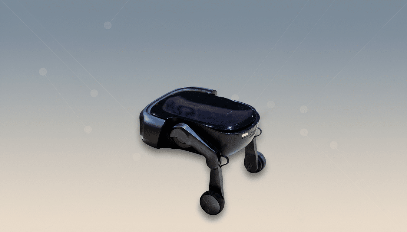 A sleek black robot vacuum cleaner with a glossy finish and four wheels, presented on a professional flat design background with soft gradients and subtle geometric patterns.