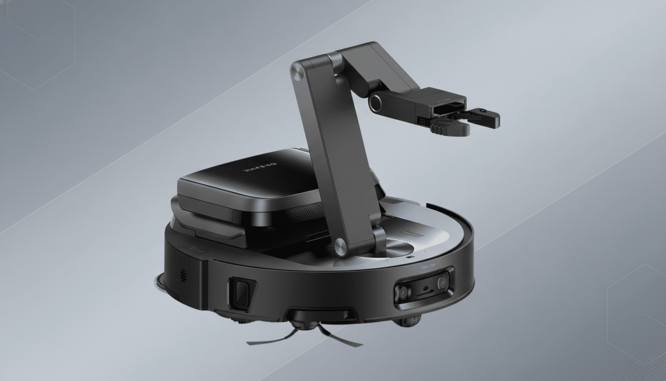 A black robotic vacuum cleaner with an articulated arm and gripper attachment, set against a professional gray background with subtle geometric patterns.