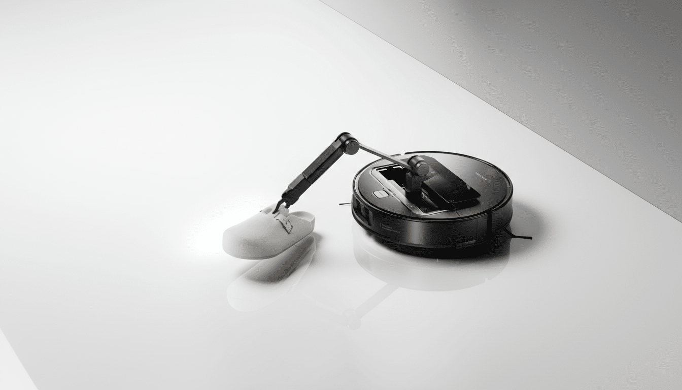 A black robotic vacuum cleaner with an attached robotic arm holding a light-colored slipper on a reflective white surface.