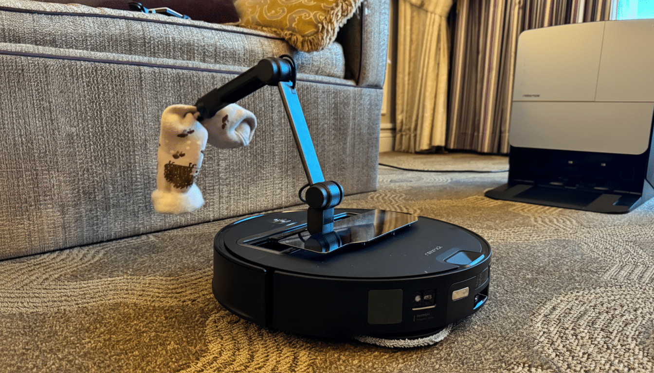 A black robotic vacuum cleaner with a robotic arm holding a patterned sock, positioned on a patterned carpet in a room with a sofa and a charging station.