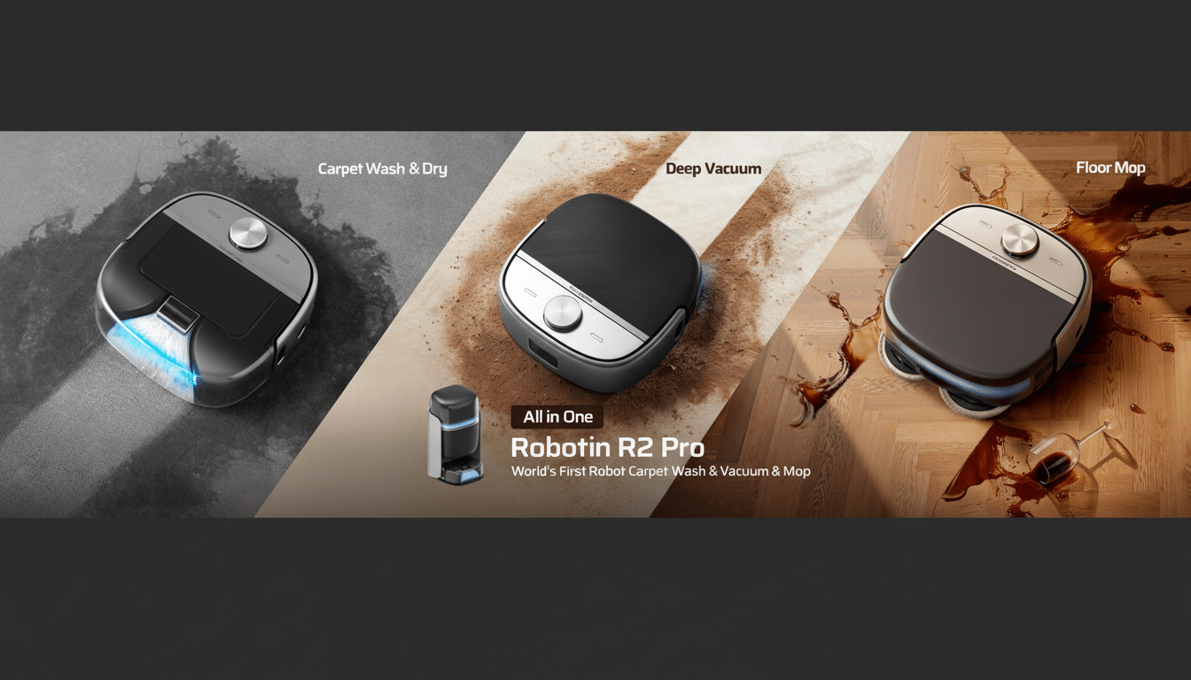 A 16:9 aspect ratio image showcasing the Robotin R2 Pro, a robot carpet wash, vacuum, and mop. The image is divided into three sections, each demonstrating a function: Carpet Wash & Dry with a robot on a wet carpet, Deep Vacuum with a robot on dirt, and Floor Mop with a robot cleaning a spilled drink on a wooden floor. A smaller image of the robots charging station is also present.