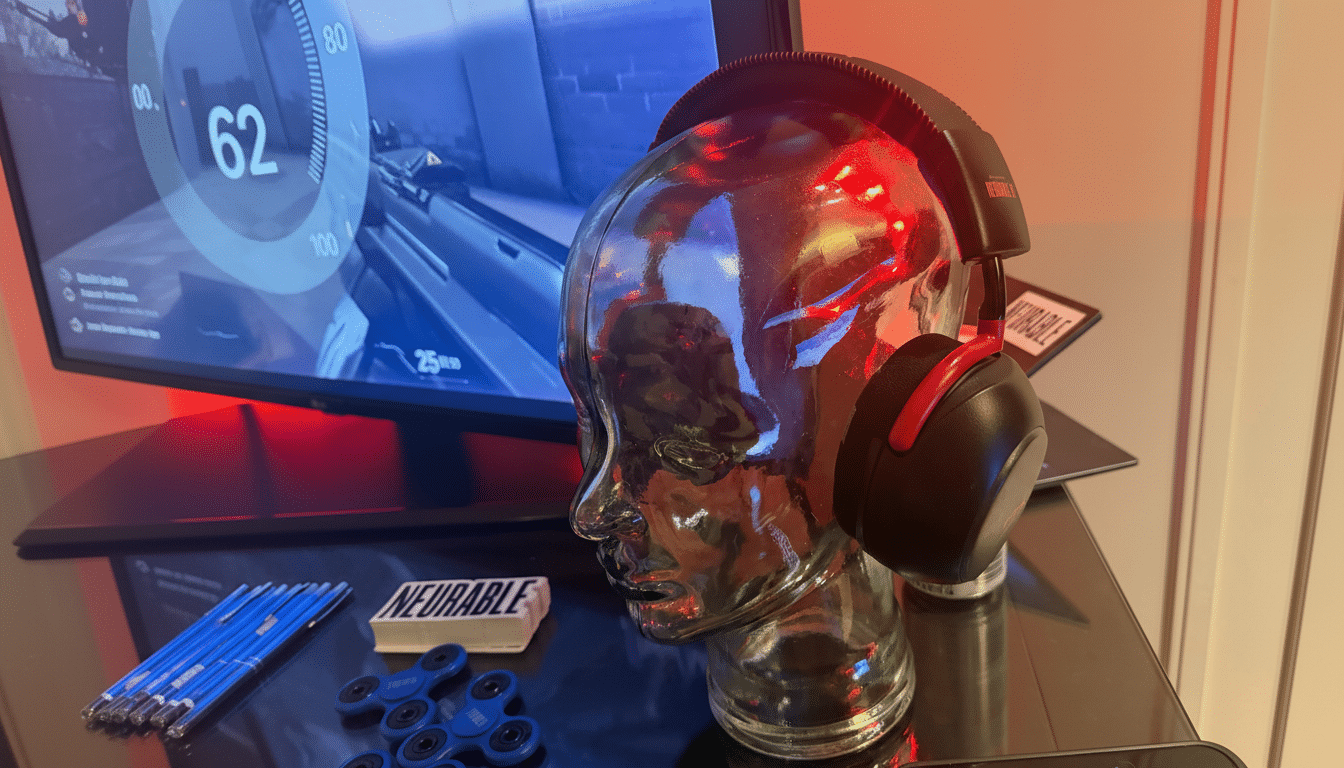 A pair of black and red headphones on a clear glass head display, with a computer monitor showing a video game in the background.